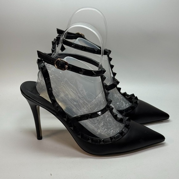 Valentino Black Leather Rockstud Ankle Strap Pumps Size 40